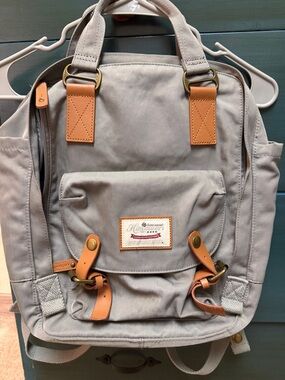 Himawari outdoor adventure Canvas Backpack in Light Gray with Tan Accents
